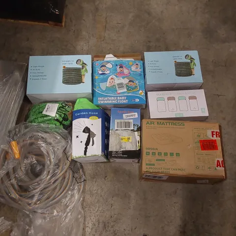 PALLET CONTAINING A LARGE QUANTITY OF ASSORTED HOSE PIPES, POOL INFLATABLES ECT