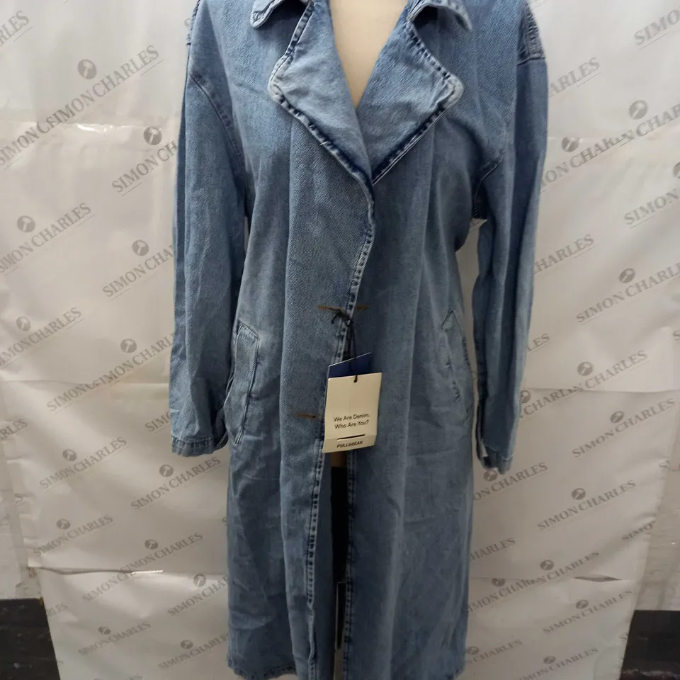 PULL & BEAR LONGLINE DENIM COAT - UK L