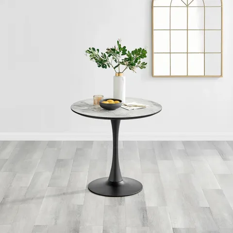 BOXED ELINA ROUND WHITE MARBLE EFFECT PEDESTAL 2 SEATER DINING TABLE (2 BOXES)
