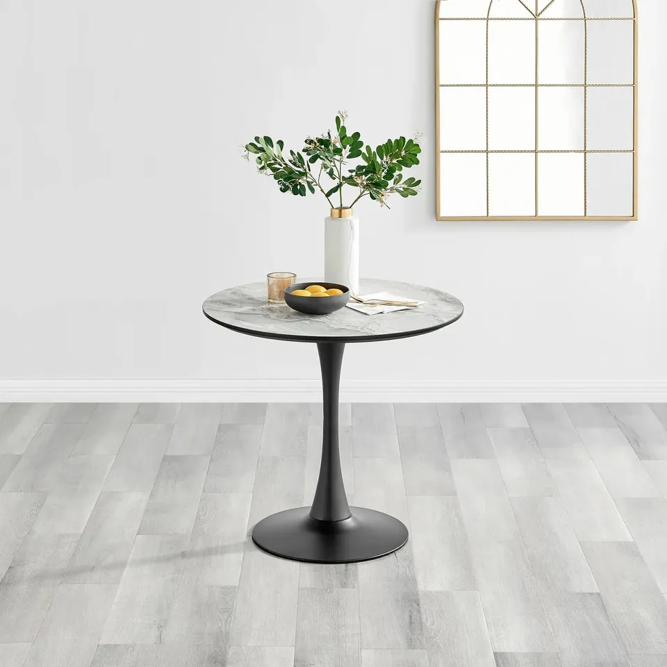BOXED ELINA ROUND WHITE MARBLE EFFECT PEDESTAL 2 SEATER DINING TABLE (2 BOXES)