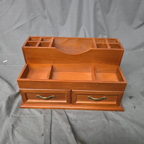 WOODEN JEWELLERY BOX WITH TOP COMPARTMENT DIVIDERS AND TWO DRAWERS
