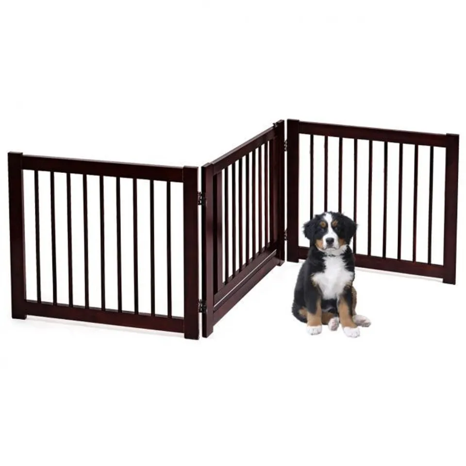 BOXED COSTWAY 24 INCH FOLDING WOODEN FREESTANDING PET GATE DOG GATE WITH 360° HINGE - BROWN