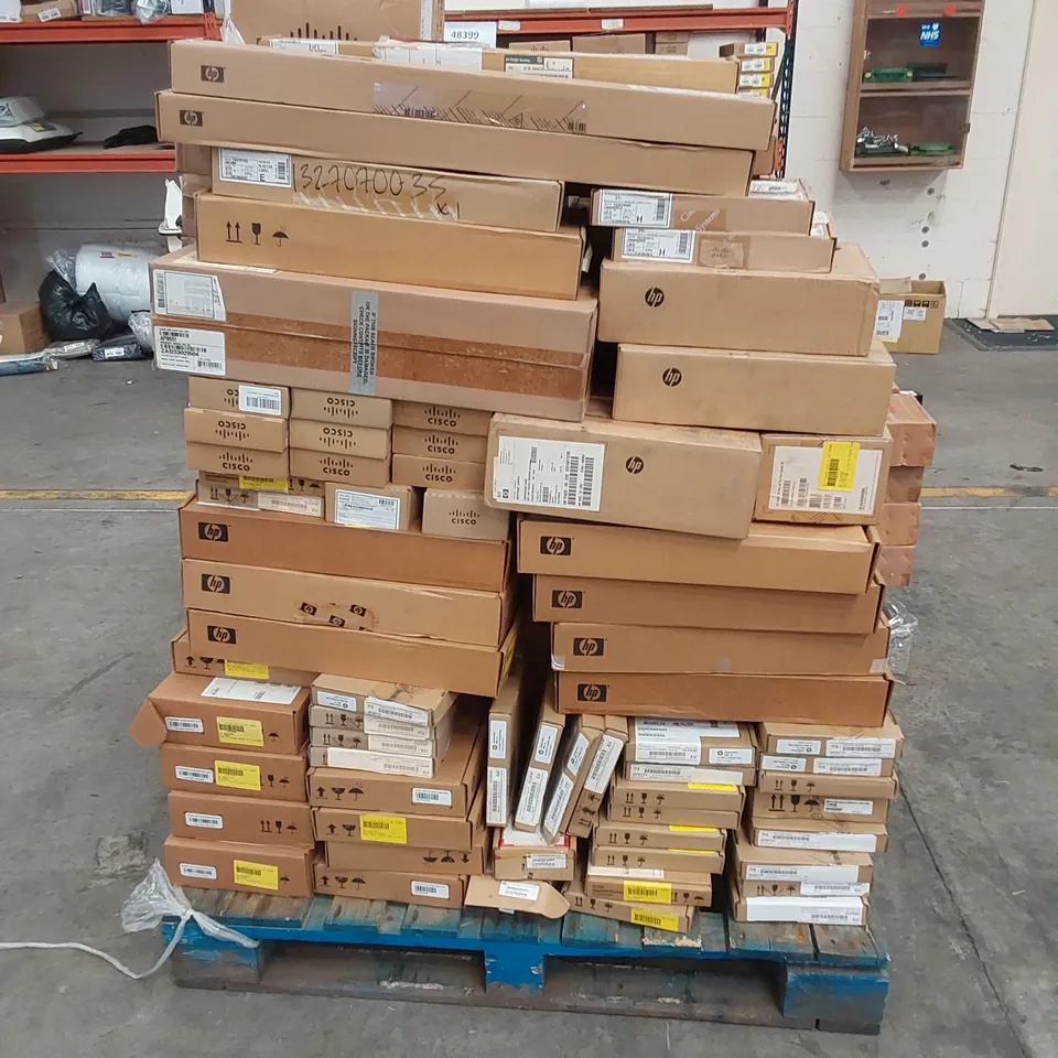 PALLET TO CONTAIN A LARGE ASSORTMENT OF CISCO TECH PRODUCTS, INCLUDING CABLES, COMPUTER AND WORK COMMUNICATIONS PARTS ETC