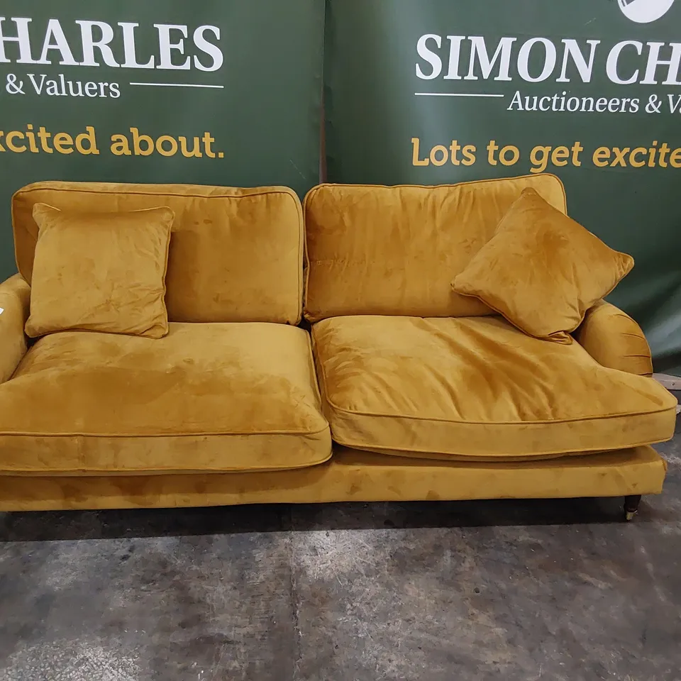 DESIGNER FABIOLA THREE SEATER SOFA MUSTARD PLUSH FABRIC ON BRASS CASTOR FEET