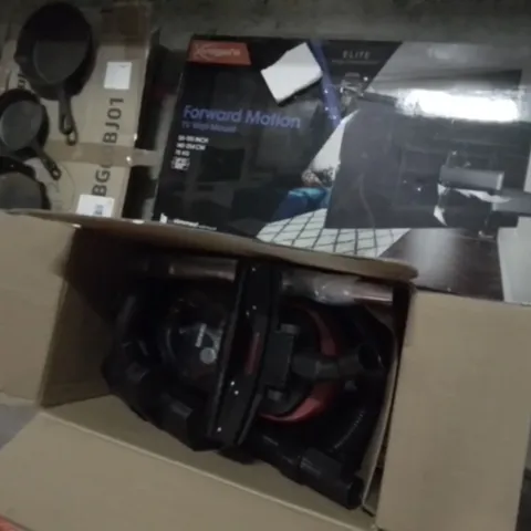 PALLET OF ASSORTED ITEMS TO INCLUDE, TV WALL MOUNT 55-100", SET 3 CAST IRON FRYING PANS, CHROME DRAINER RACK, DURONIC VACUUM CLEANER