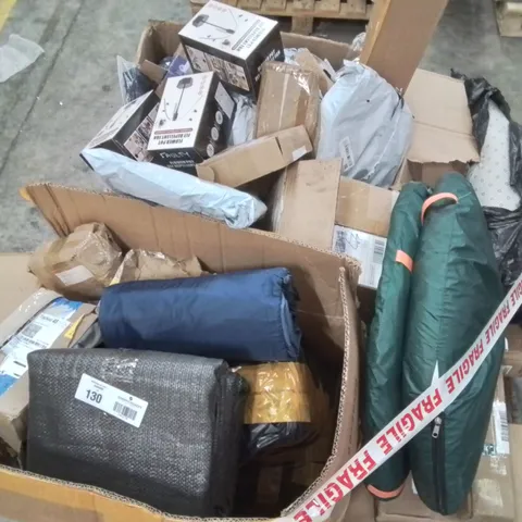 PALLET CONTAINING VARIOUS ASSORTED HOUSEHOLD CUSTOMER RETURNS TO INCLUDE: POP UP TENTS, GROUND SHEETING, FLY REPELLANT, PET BED AND LOTS MORE