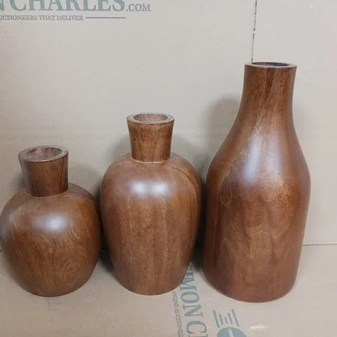 BOXED 3 DARK WOOD VASES 