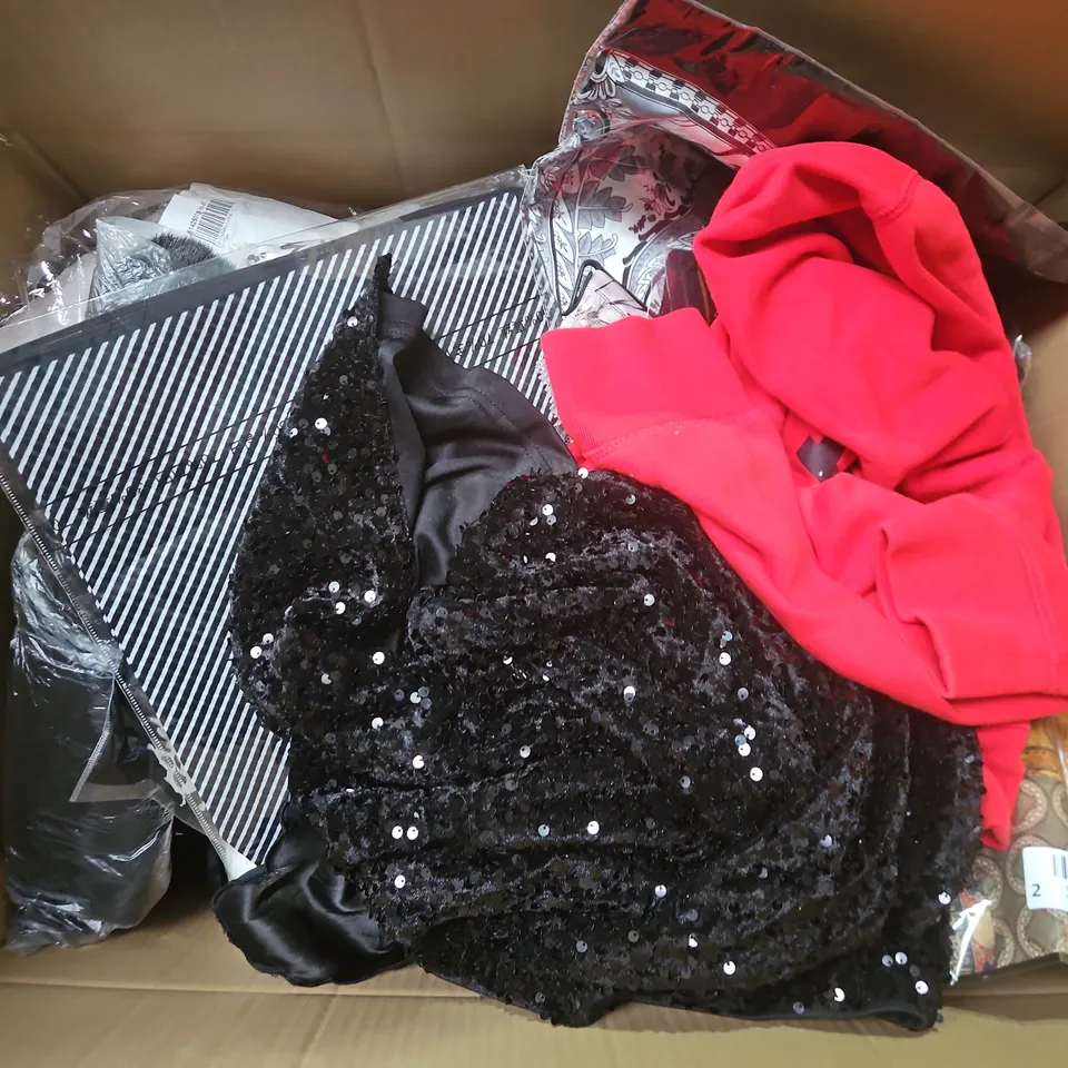 LARGE BOX OF APPROXIMATELY 25 ASSORTED CLOTHING ITEMS IN VARIOUS COLOURS, STYLES AND SIZES - COLLECTION ONLY