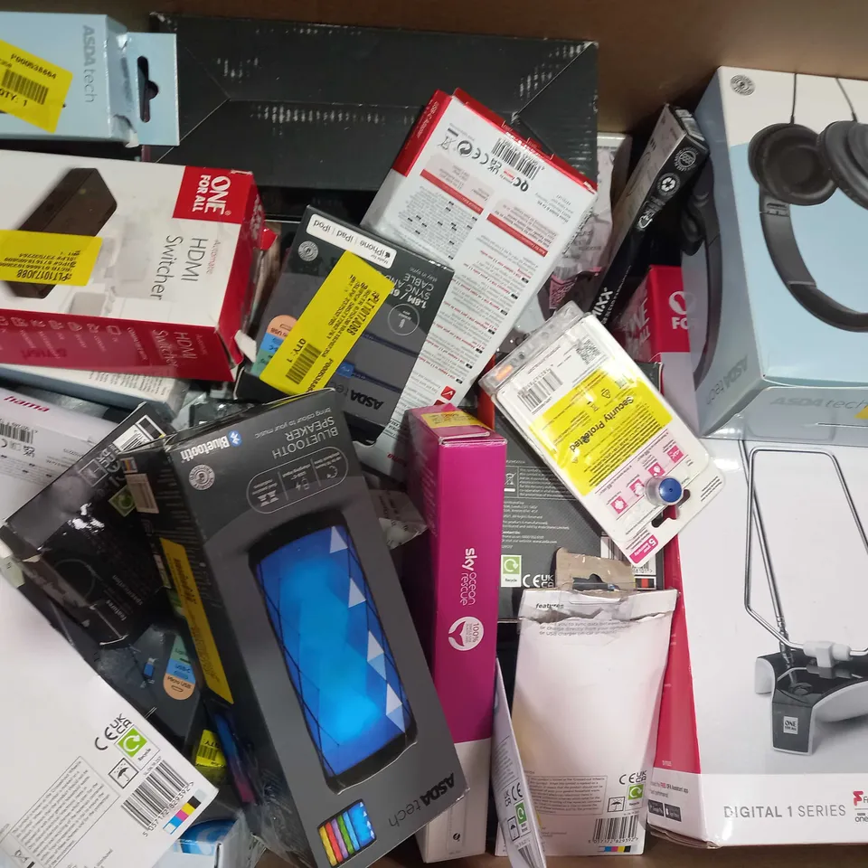 BOX OF APPROXIMATELY 30 ASSORTED ELECTRICAL ITEMS TO INCLUDE ASDA TECH FM ALARM CLOCK, MIXX EX1 WIRELESS HEADPHONES, ASDA TECH WIRELESS CHARGING PAD, ETC