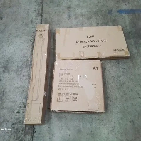 PALLET OF ASSORTED HOUSEHOLD GOODS AND PRODUCTS TO INCLUDE; RETRACTABLE GATE, STORAGE OTTOMAN, A3 BLACK SIGN STAND, BOXED FURNITURE ETC