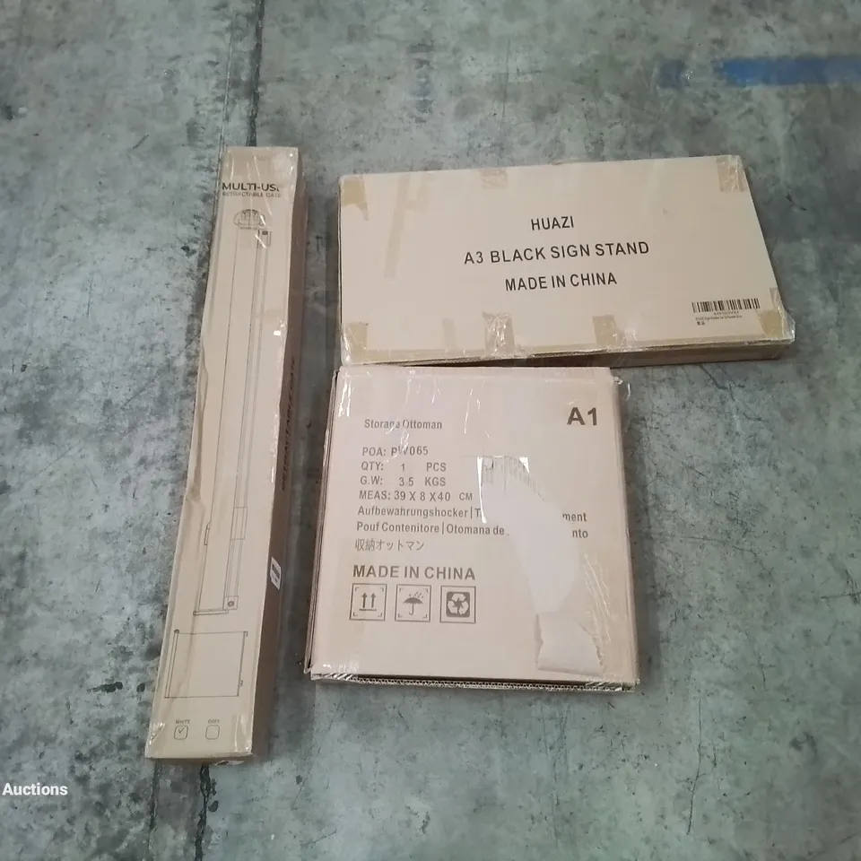 PALLET OF ASSORTED HOUSEHOLD GOODS AND PRODUCTS TO INCLUDE; RETRACTABLE GATE, STORAGE OTTOMAN, A3 BLACK SIGN STAND, BOXED FURNITURE ETC