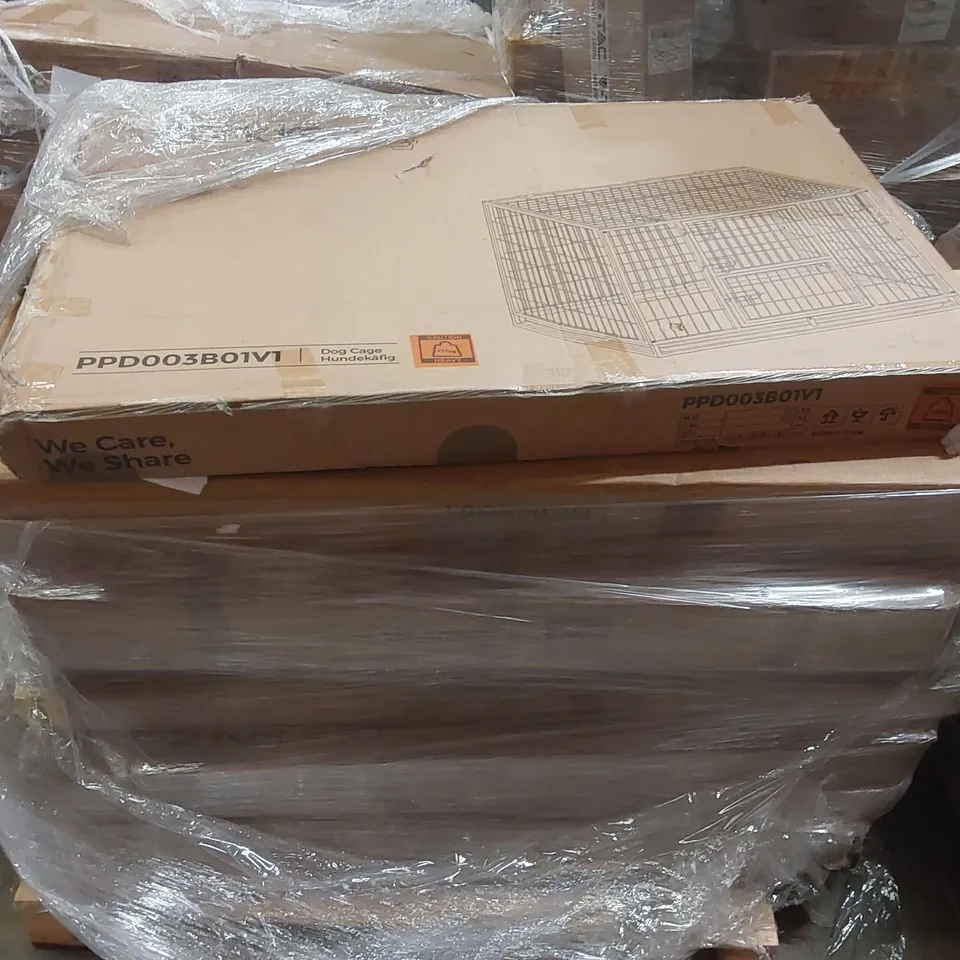 PALLET CONTAINING A LARGE ASSORTMENT OF FURNITURE ITEMS INCLUDING: DOG CAGE, SHOE CABINET, STANDING DESK ECT