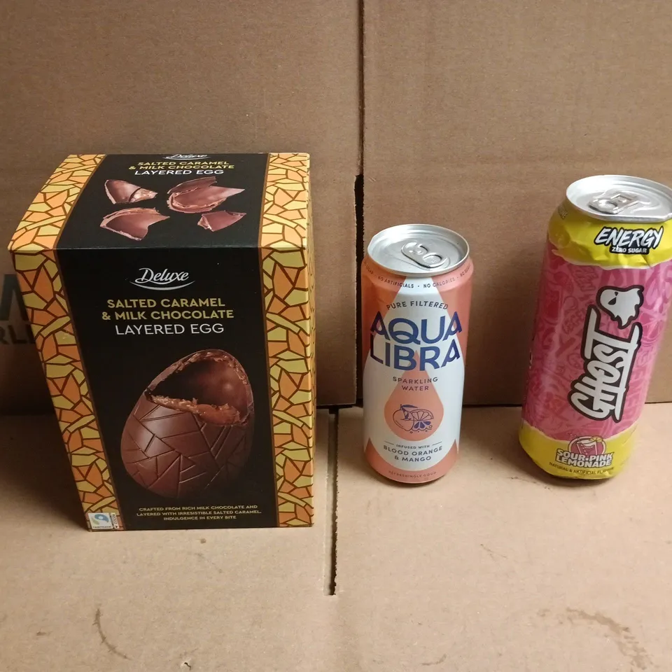 APPROXIMATELY 12 ASSORTED FOOD AND DRINKS ITEMS TO INCLUDE - GHOST ENERGY SOUR PINK LEMONADE, AQUA LIBRE BLOOD ORANGE & MANGO WATER, SALTED CARAMEL LAYERED EGG ETC 