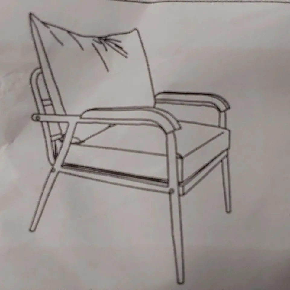 BOXED DARK BROWN LEATHER CHAIR WITH WOODEN ARMS (1 BOX)