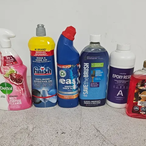 LOT OF APPROXIMATELY 50 ASSORTED HOME CLEANING LIQUID ITEMS TO INCLUDE FINISH, DETTOL AND FABULOSA