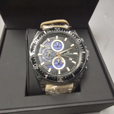 LOUISE LACOMBE GENTS STAINLESS STEEL WATCH WITH TAN STRAP IN GIFT BOX