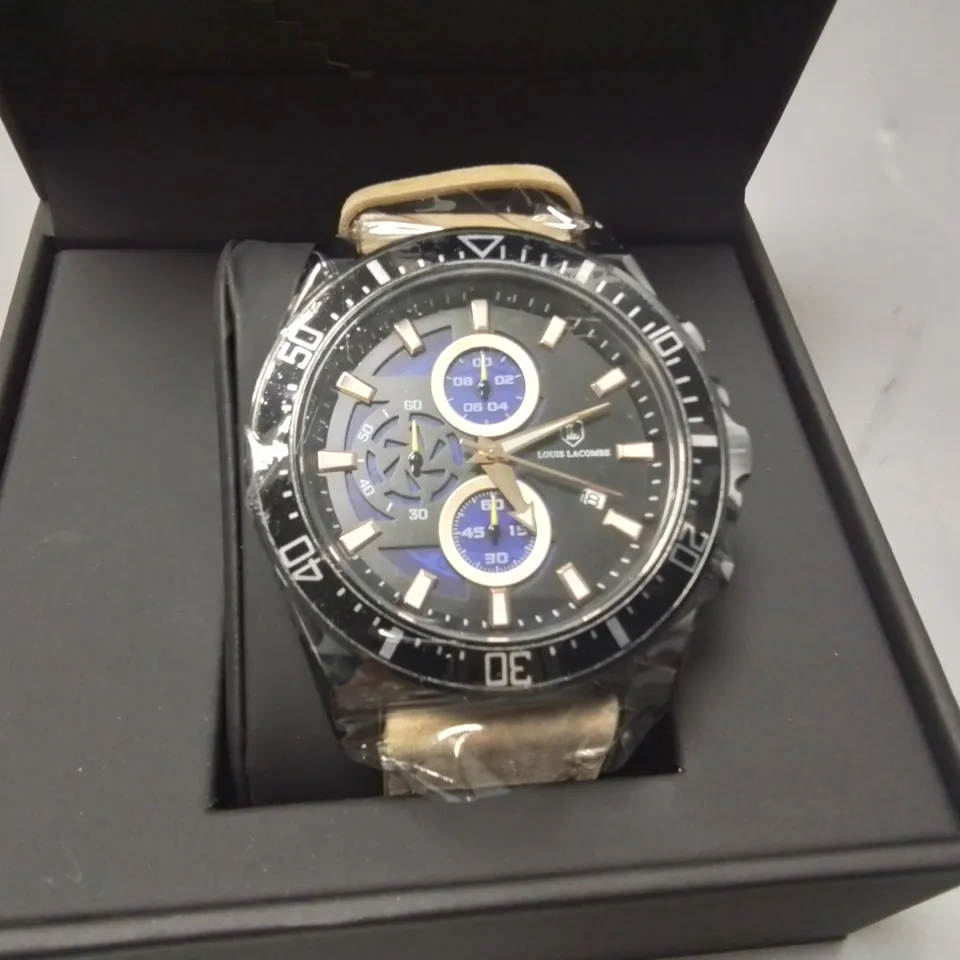 LOUISE LACOMBE GENTS STAINLESS STEEL WATCH WITH TAN STRAP IN GIFT BOX