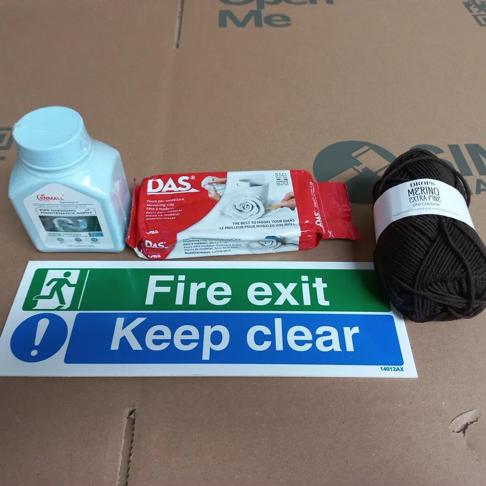 APPROXIMATELY 15 ASSORTED HOUSEHOLD PRODUCTS TO INCLUDE MODELLING CLAY, FIRE EXIT SIGN AND KNITTING YARN