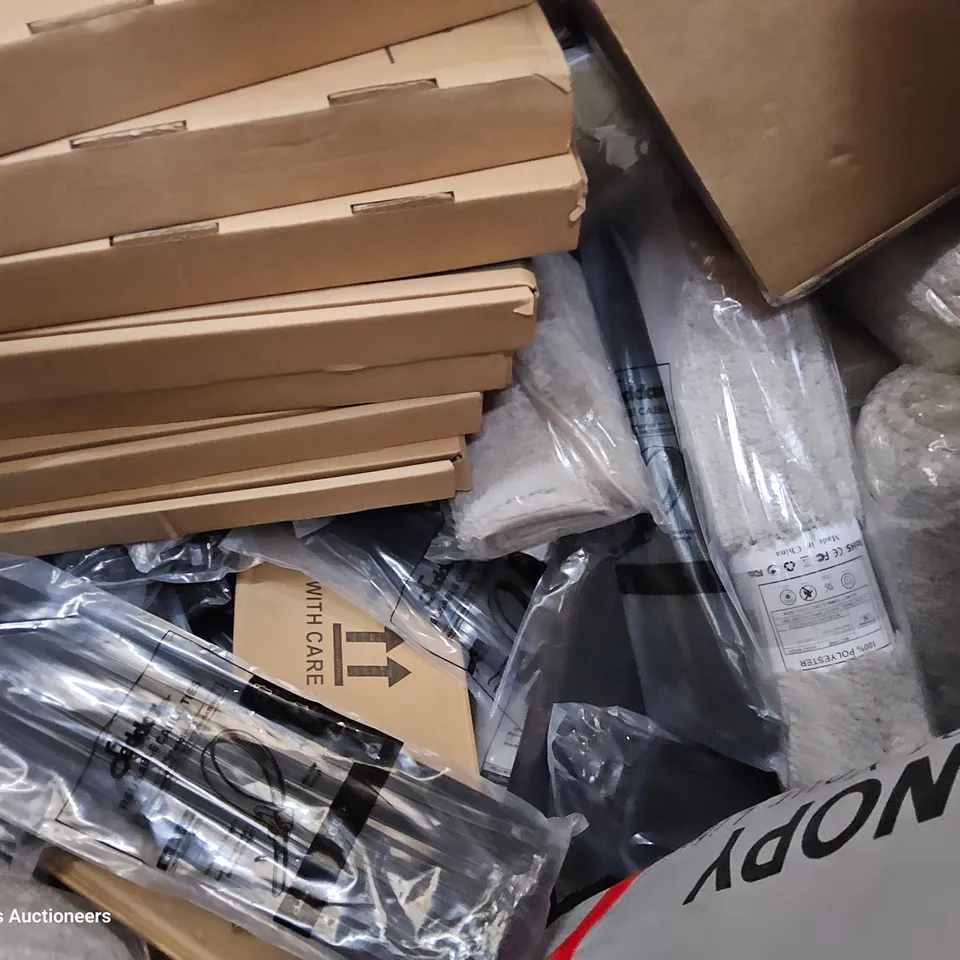 PALLET OF ASSORTED ITEMS TO INCLUDE, POP UP GAZEEBO, BOXED CHEST OF 9 DRAWERS, QUATITY OF ASTRONAT LED SIGNS, QANTITY OF GREY RUGS, CABLE TIES.