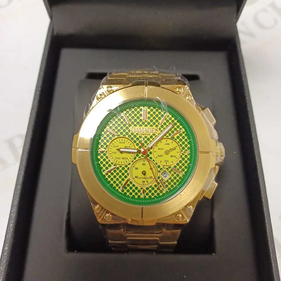 GAMAGES ENDURANCE SPORTS GOLD TRIPLE DATE DIAL AUTOMATIC BRACELET STRAP WRISTWATCH	