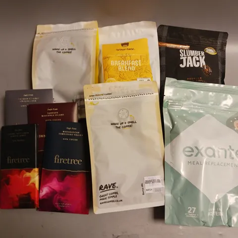 BOX OF APPROX 16 ASSORTED FOOD ITEMS TO INCLUDE - ECANTE MEAL REPLACEMENT - RAVE COFFEE - FIRETREE CHOCOLATE