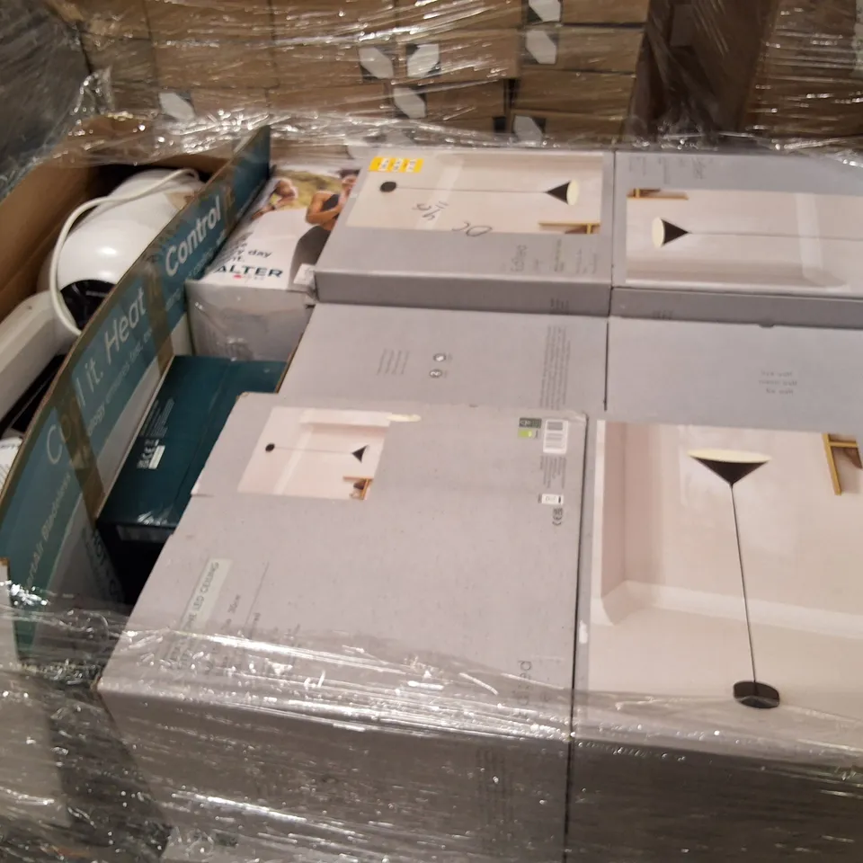 PALLET CONTAINING ASSORTED ELECTRICAL PRODUCTS INCLUDING METAL CONE LED CEILING FITTINGS, 2 SLICE TOASTER & BLADELESS FAN+HEATER 