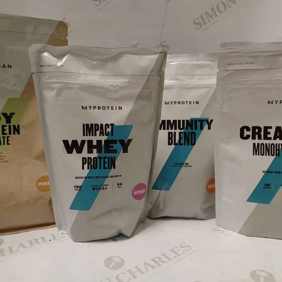LOT OF 4 ASSORTED MYPROTEIN PRODUCTS TO INCLUDE SOY PROTEIN ISOLATE SPECULOOS 1KG, IMPACT WHEY PROTEIN RASPBERRY 500G, IMMUNITY BLEND ORANGE 500G, CREATINE MONOHYDRATE UNFLAVOURED