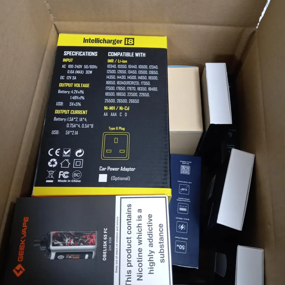 BOX OF APPROXIMATELY 10 ASSORTED E-CIG PRODUCTS TO INCLUDE ASPIRE, VOOPOO, VAPORESSO ETC