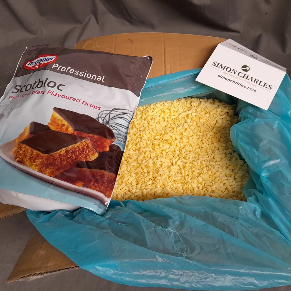 LOT OF CHOCOLATE ITEMS INCLUDE 4KG OF WHITE CHOCOLATE SWIRLS AND DR OTEKER 3KG PLAIN CHOCLATE