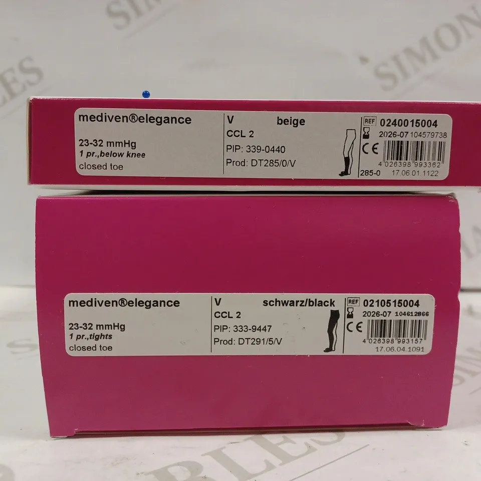 BOX OF 2 MEDIVEN PRODUCTS TO INCLUDE BELOW KNEE CLOSED TOE BEIGE SUPPORT & BLACK CLOSED TOE TIGHTS SUPPORT 