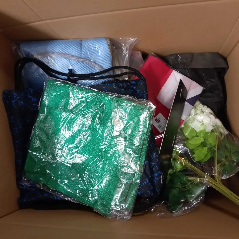 LARGE BOX OF APPROXIMATELY 15 ASSORTED HOUSEHOLD ITEMS TO INCLUDE: NECK SUPPORT PILLOW, KIDS BLANKE, KIDS PILLOW