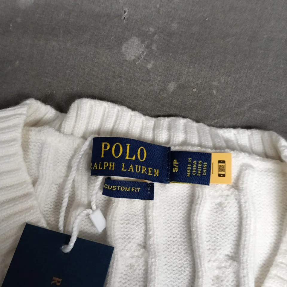 POLO RALPH LAUREN CABLE KNIT SWEATER – WHITE, CUSTOM FIT, SIZE S