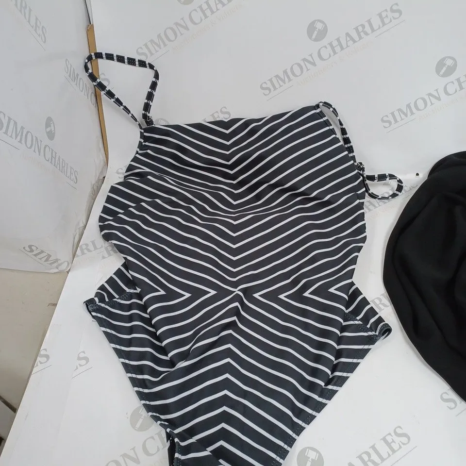BLACK AND WHITE SWIMMING COSTUME WITH BLACK SCARF