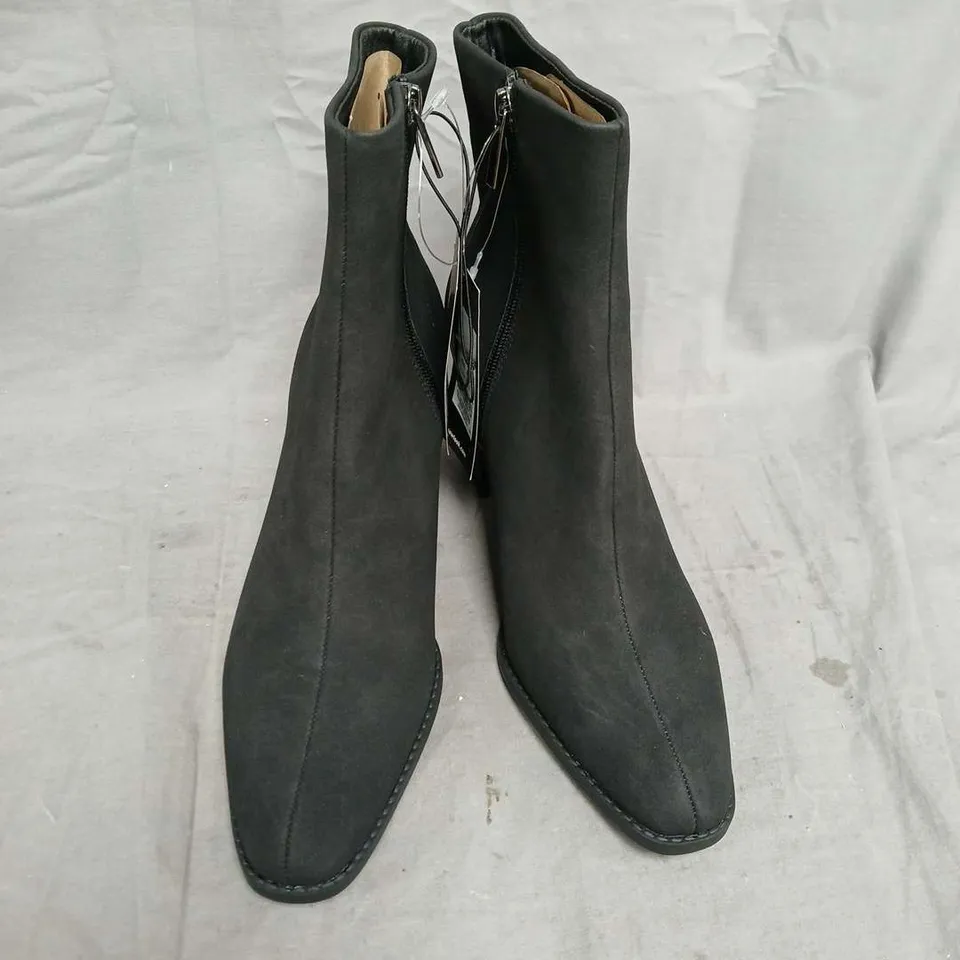 DIRTY LAUNDRY BLACK FAUX SUEDE ANKLE BOOTS, ALMOND TOE, UK 6