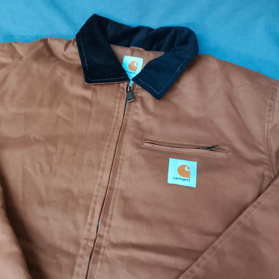 CARHARTT BROWN ZIP-FRONT JACKET WITH NAVY COLLAR - SIZE L