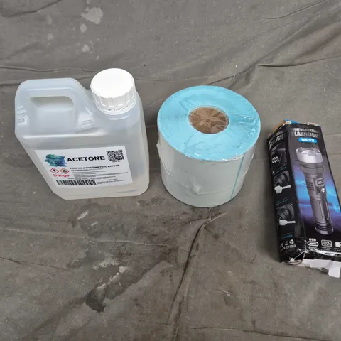 APPROXIMATELY 15 ASSORTED HOUSEHOLD PRODUCTS TO INCLUDE BOTTLE OF ACETONE, MULTIFUNCTIONAL FLASHLIGHT, PRINTER ROLLS ETC