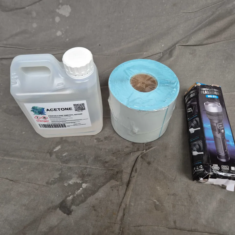 APPROXIMATELY 15 ASSORTED HOUSEHOLD PRODUCTS TO INCLUDE BOTTLE OF ACETONE, MULTIFUNCTIONAL FLASHLIGHT, PRINTER ROLLS ETC