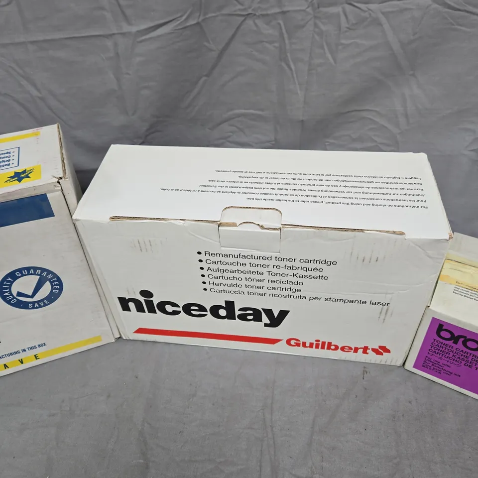 ASSORTED TONER CARTRIDGES FOR BROTHER AND OTHER BRANDS – INCLUDES TN-6300, NICEDAY, CARTRIDGE WORLD BOX OF APPROXIMATELY 10 ITEMS .