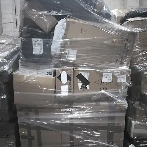 PALLET TO CONTAIN HOUSEHOLD FLAT-PACKED FURNITURE AND HOMEWERE TO INCLUDE; HAPPY HOT TUB FLUSH, WINDOW CLEANER ROBOT AND PRO SOURCE LIQUID SUPPLEMENTS ETC...