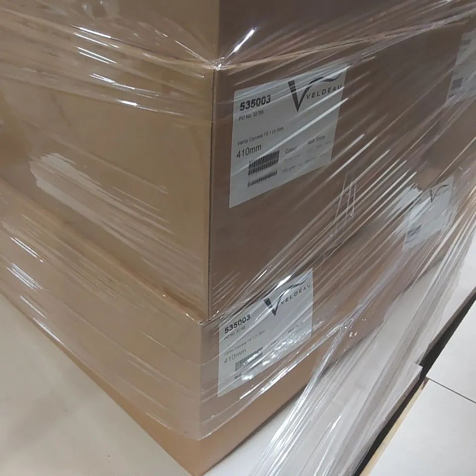 PALLET CONTAINING A LARGE QUANTITY OF ASSORTED BATHROOM FURNITURE PARTS INCLUDING: VELDEAU VANITY CARCASSES ECT