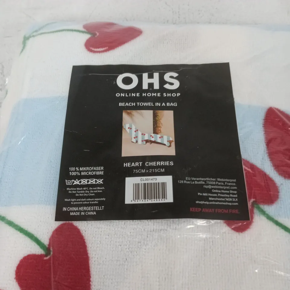 OHS BEACH TOWEL IN A BAG – HEART CHERRIES PRINT