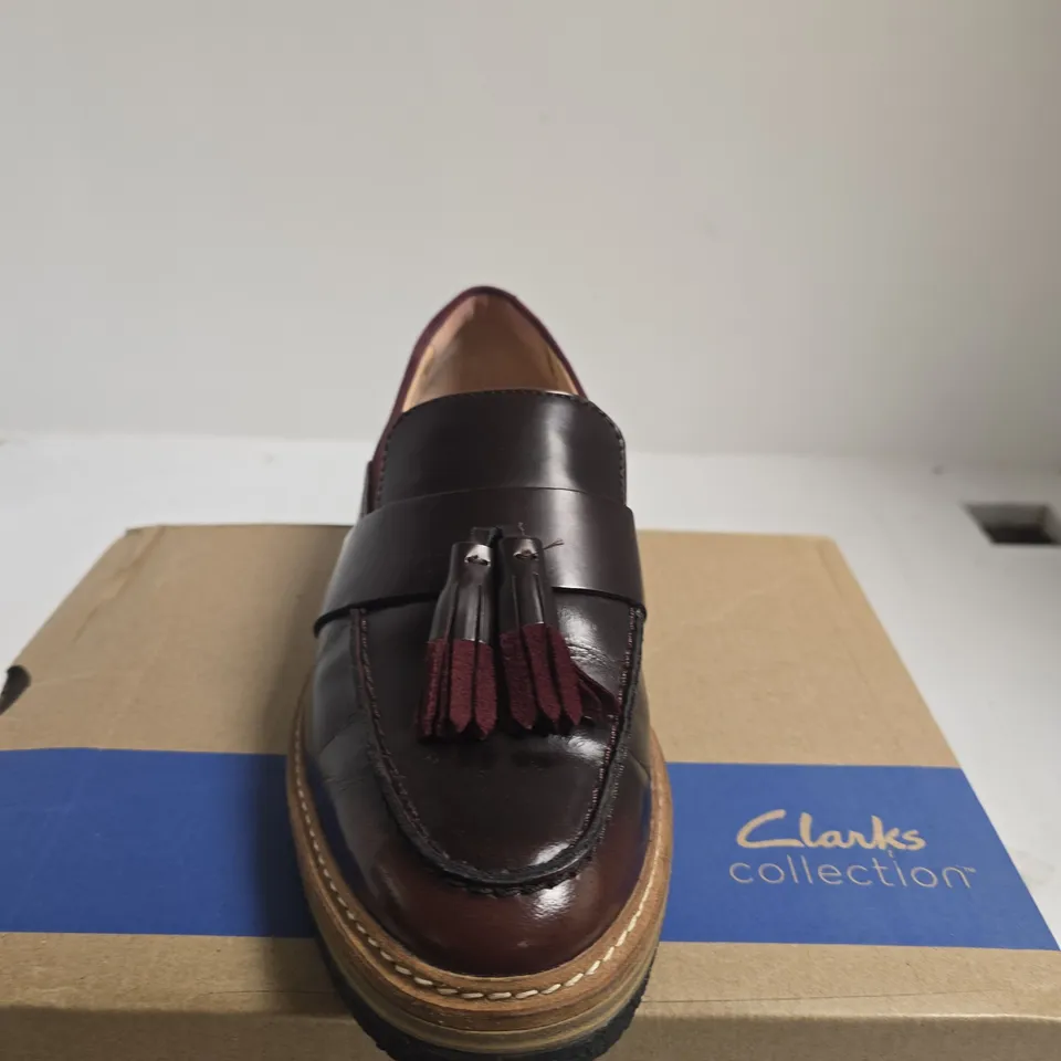 BOXED PAIR OF CLARKS ZYLAH MAY BLACK LEATHER TASSEL LOAFERS – WOMEN'S, UK 6 