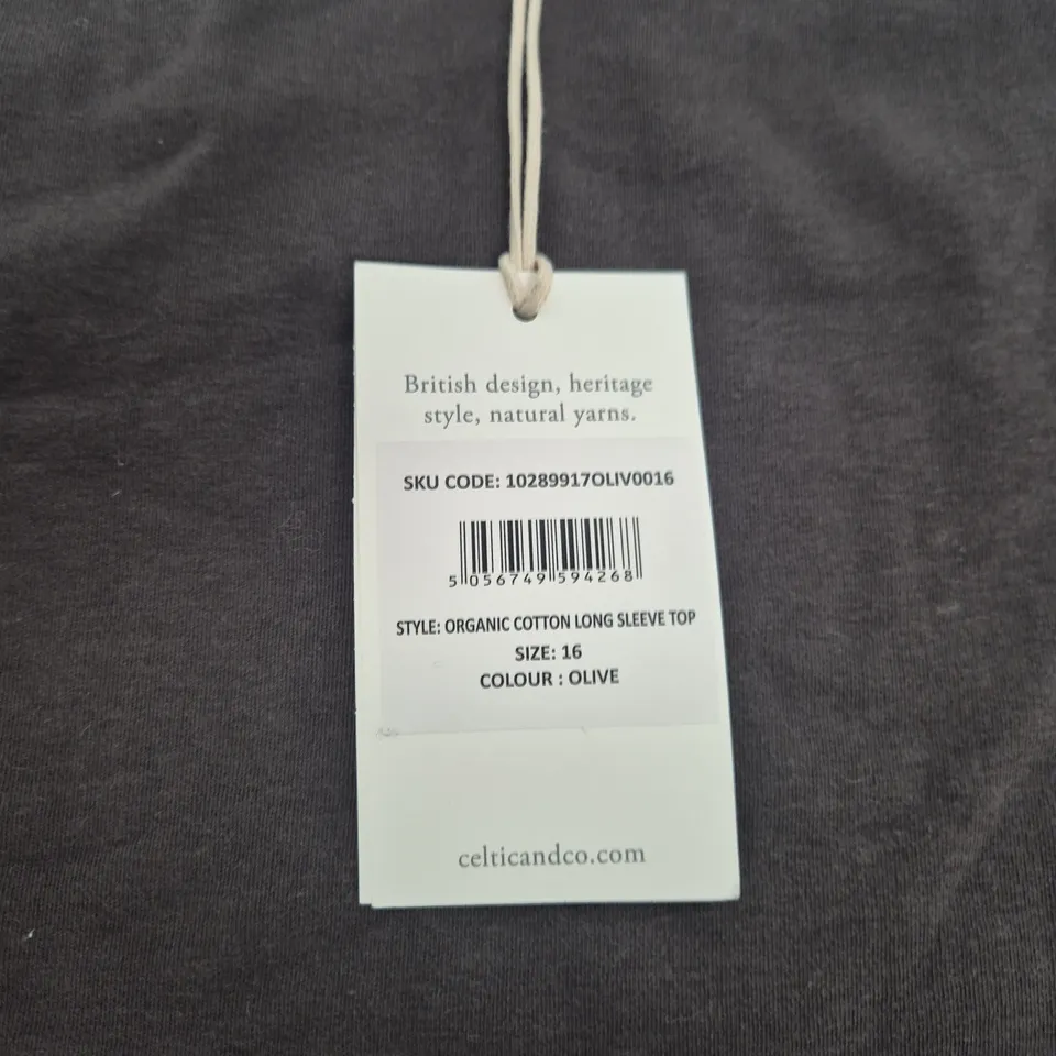 CELTIC & CO. ORGANIC COTTON LONG SLEEVE TOP – OLIVE, UK 16