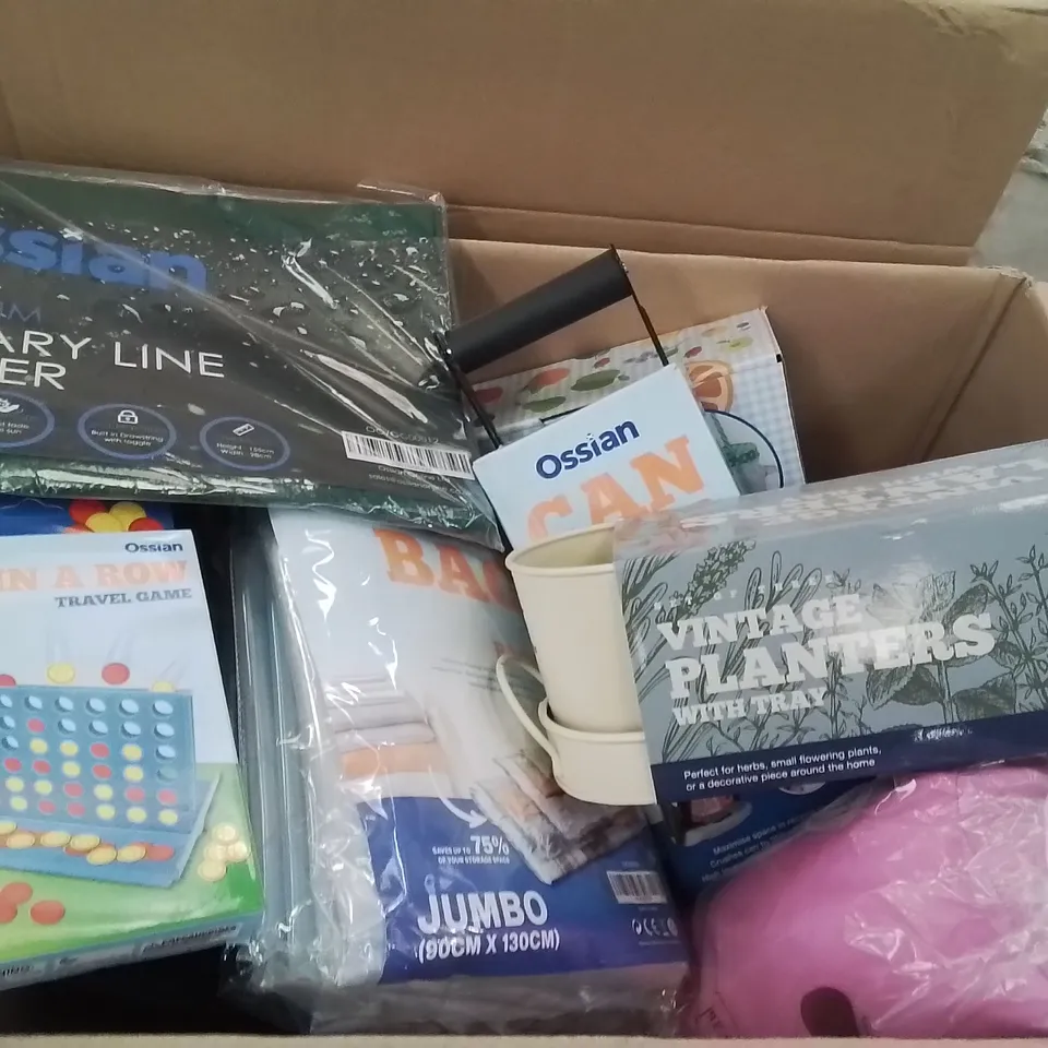 BOX CONTAINING A LARGE QUANTITY OF BRAND NEW ASSORTED HOMEWARE PRODUCTS INCLUDING: COLOURFUL MASON JARS, CAN CRUSHER, BEANIE PILLOWS, PLANTERS ECT
