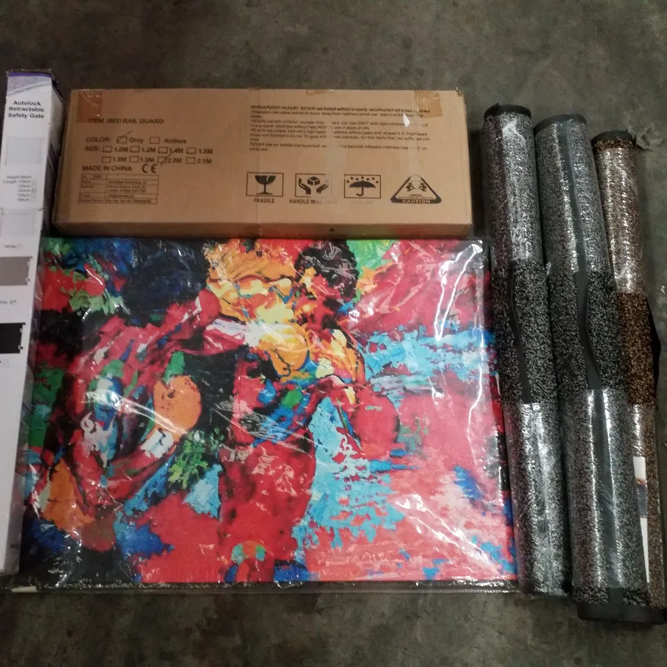 PALLET OF ASSORTED PRODUCTS INCLUDING BED RAIL GUARD, RETRACTABLE SAFETY GATE, FLOOR MAT, WALL ART