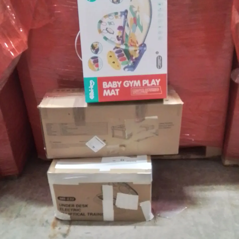 PALLET OF ASSORTED HOUSEHOLD GOODS AND PRODUCTS TO INCLUDE;UNDER DESK ELLIPTICAL TRAINER,PLAYPEN,GYM PLAY MAT