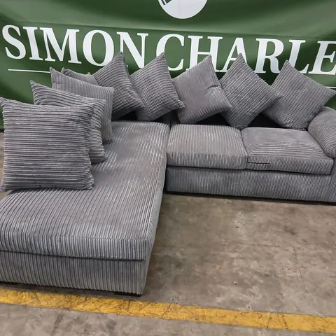 GREY CORDUROY L-SHAPED FABRIC SOFA WITH CUSHIONS – SECTIONAL SEATING (VERIFY MODEL)