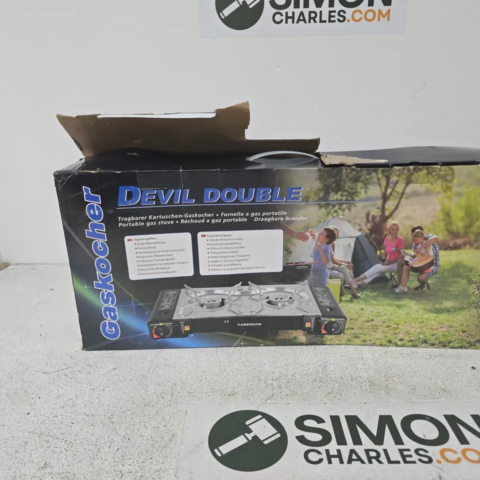 DEVIL DOUBLE PORTABLE GAS STOVE – TWO-BURNER CAMPING STOVE (BOXED)