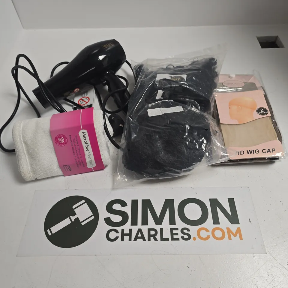 APPROXIMATELY 15 ASSORTED HAIR ACCESSORIES TO INCLUDE EXTENSIONS, HAIRDRYERS, WIG CAPS, ETC