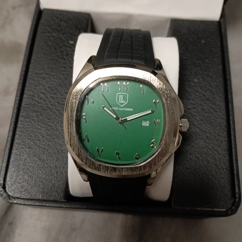 MENS LOUIS LACOMBE WATCH – GREEN DIAL WITH DATE – BLACK RUBBER STRAP